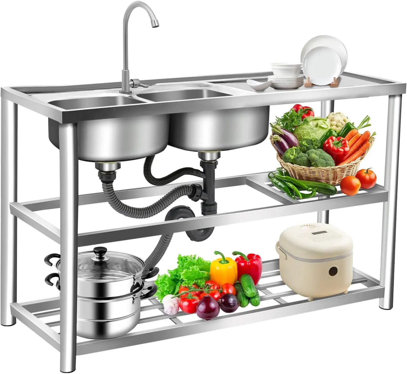 Commercial Kitchen Sink - 3-laags vrijstaande roestvrijstalen spoelbak, dubbele spoelbak,